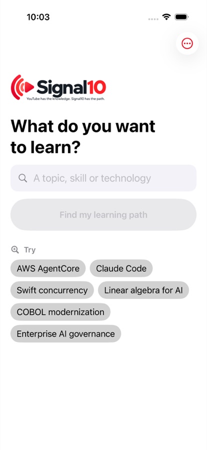 Home screen asking What do you want to learn?