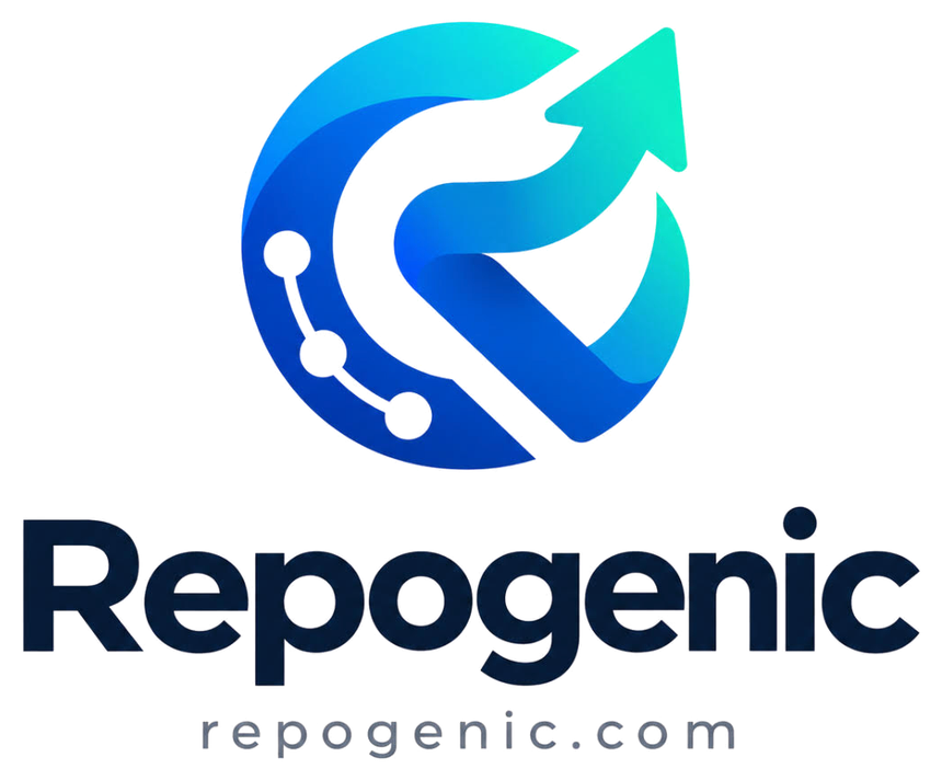 Repogenic logo: a circular blue emblem with an upward arrow